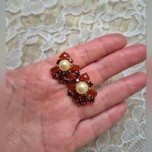 Vintage Elegant Pearl and Red Crystal Clip On Earrings